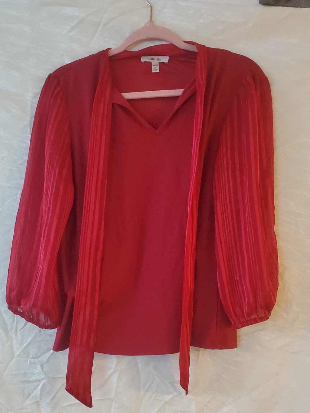 Como Blu Rose Red V-Neck Tie Blouse with Pleated Sheer Balloon Sleeves